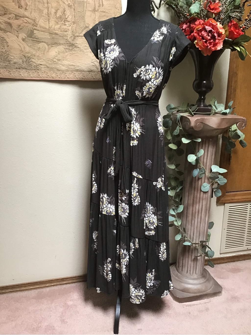 Free People Black Floral Wrap Maxi Dress With Tie Waist